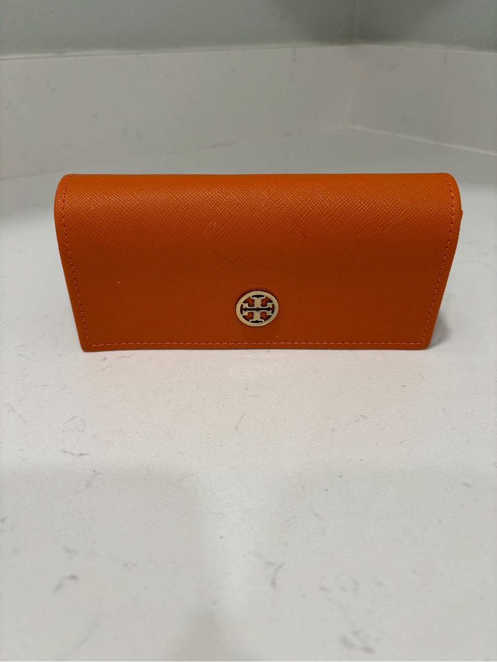 Tory Burch Orange Fold-Over Eye Glass Case with Gold Logo